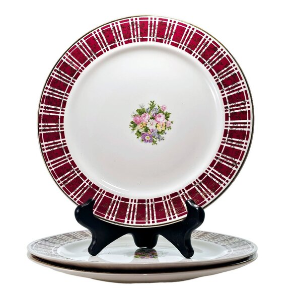 Homer Laughlin Piccadilly Dinner Plates 10" 3pc red rim gold floral center 1942 - Picture 2 of 9